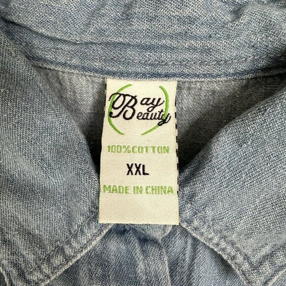 Vtg Bay Beauty Women's Las Vegas Denim Button Up Shirt Shoulder Pads XXL Blue - Picture 8 of 9